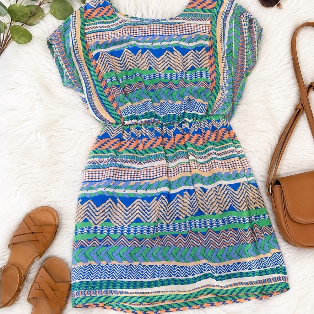 City Triangles Short Sleeve Mini Dress in Blue, Green & Beige